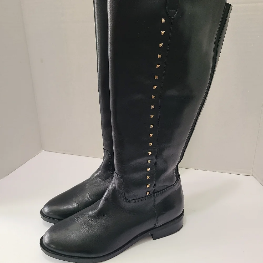 Marc Fisher Secrit Black Studded Leather Knee-High‎ Boots Wide Calf 7.5